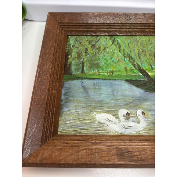 Oil painting Male & Female swans in lake landscape on canvas Alice Dawes - Picture 2 of 8